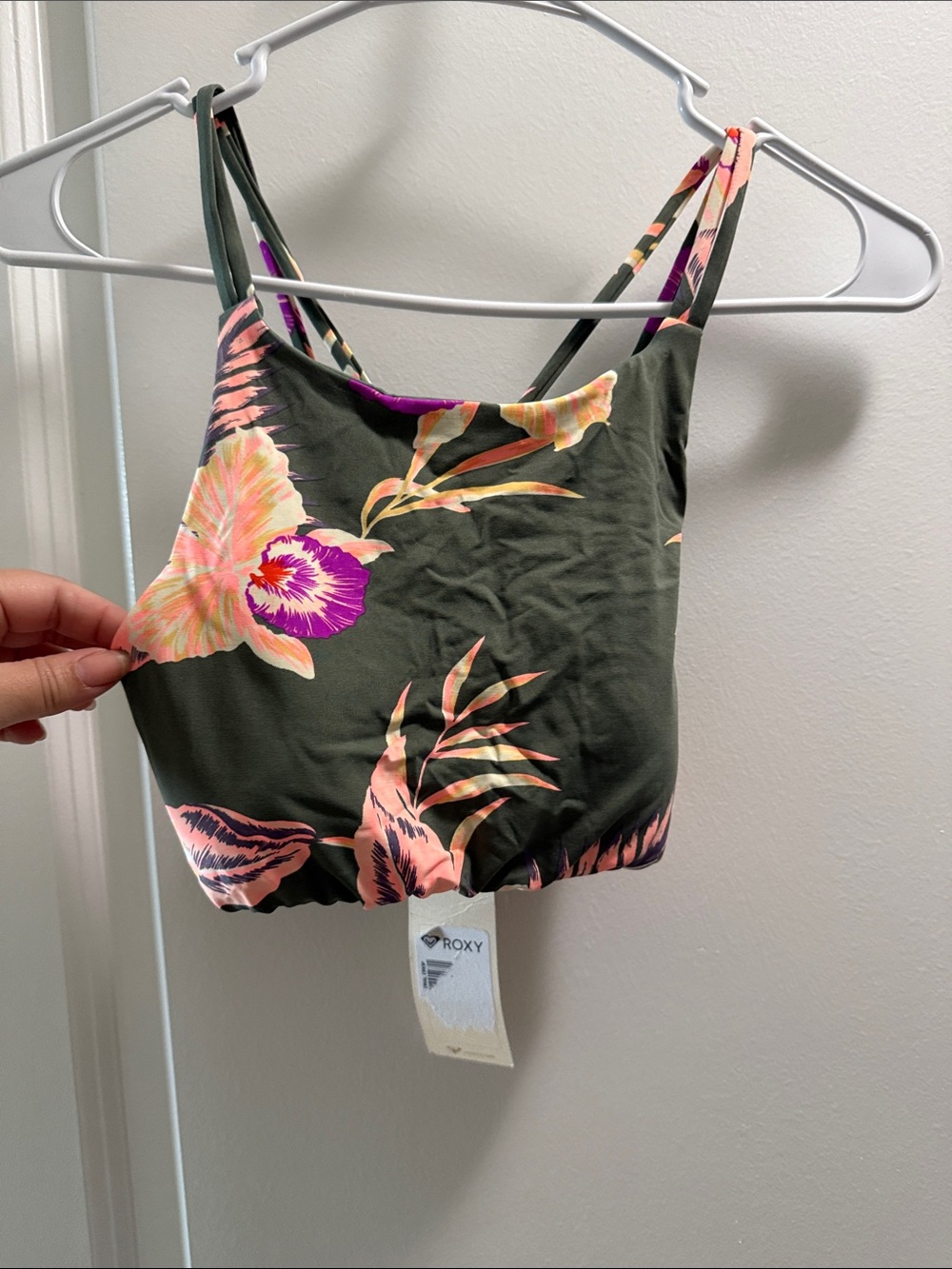 Roxy Olive Green Floral Crop Top with Pink and Purple Accents
